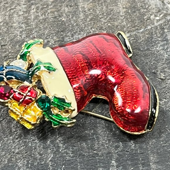 Vintage Jeweled Enamel Christmas Stocking Boot Gold tone Holiday Christmas - Picture 10 of 12